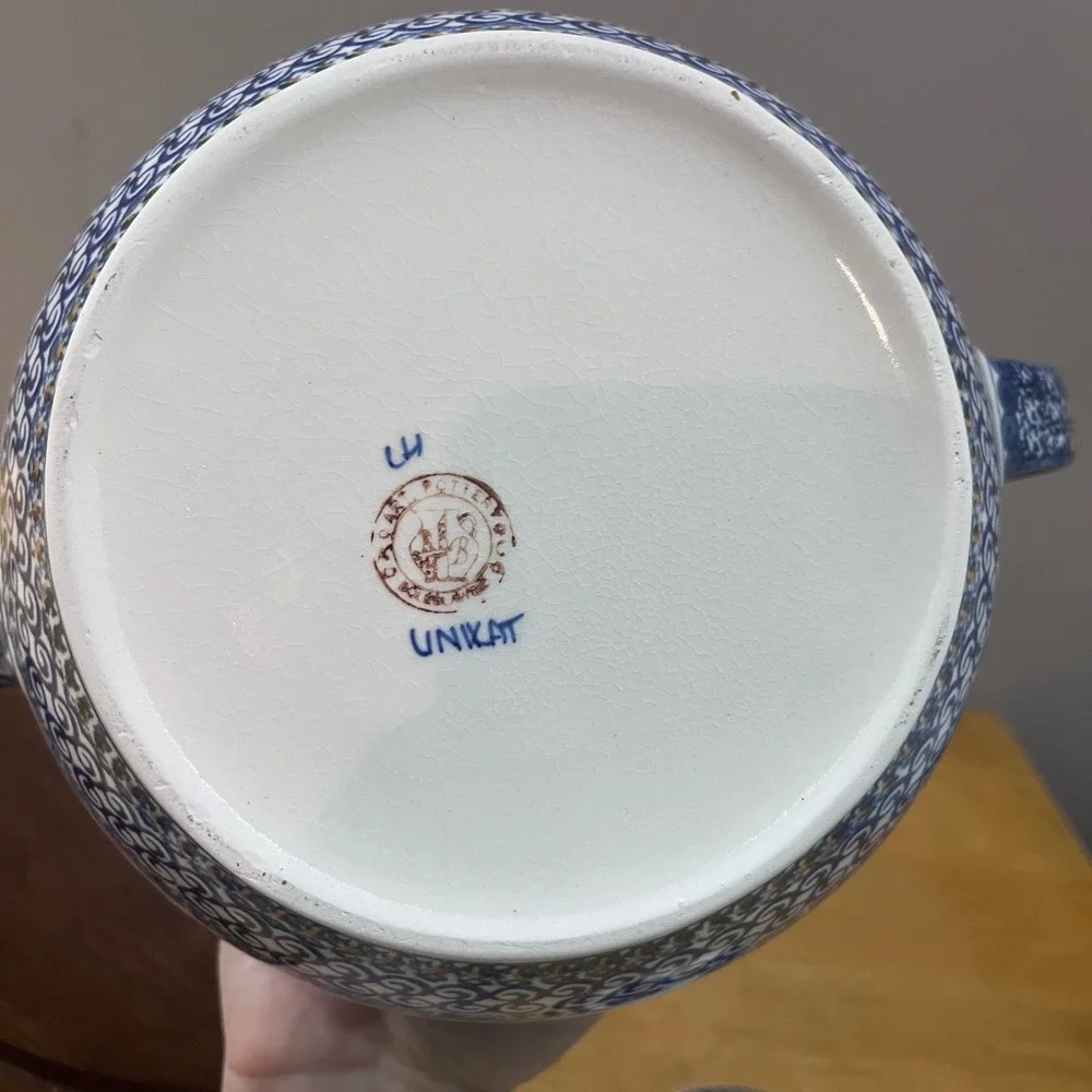 Vtg Polish Pottery Blue Floral Soup Tureen Set with Lid and Ladle Hand Painted